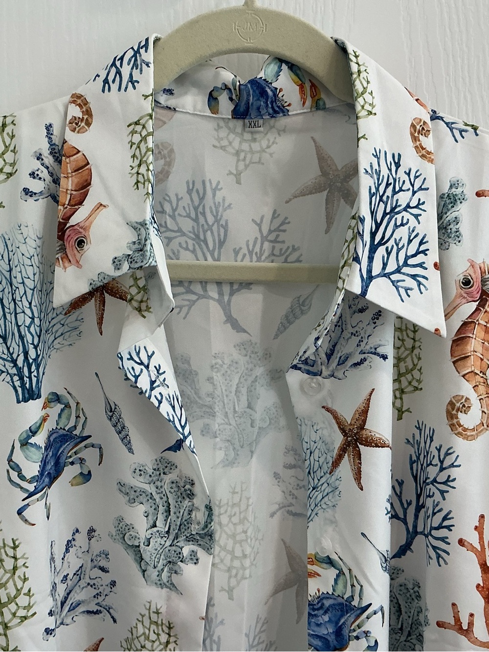 Ocean Print Button-Up Blouse in White with Blue & Rust Accents - Picture 2 of 11